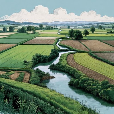 Winding River Through Farmlands Illustration