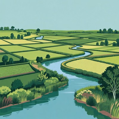 Green Fields and Winding River Landscape