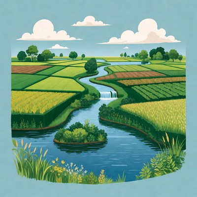 Scenic Rice Fields with Waterfall and River