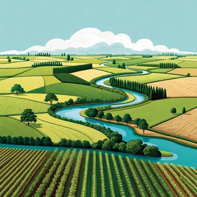 Winding River Through Green Fields