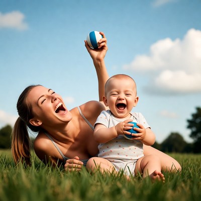 Mother and baby laughing with beach balls
