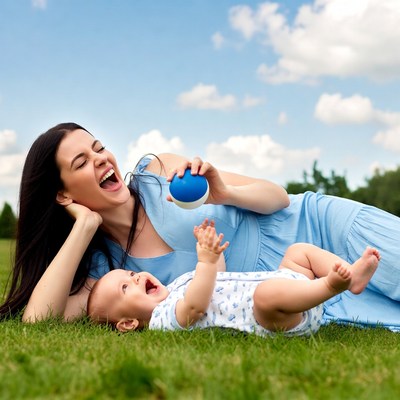 Mother and baby playing with blue ball
