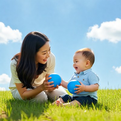 Asian mother and baby playing with blue balls