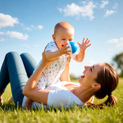 Mother playing with baby on grass
