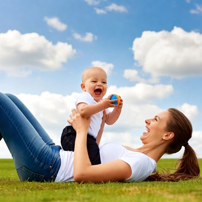 Mother lifting laughing baby outdoors