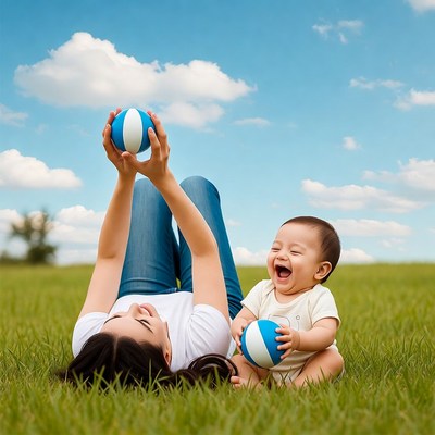 Mother and baby holding beach balls on grass