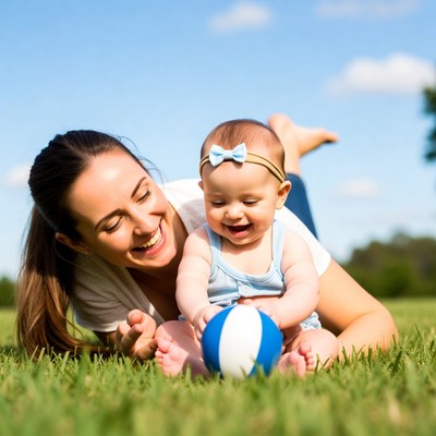 Mother and baby playing with ball on grass