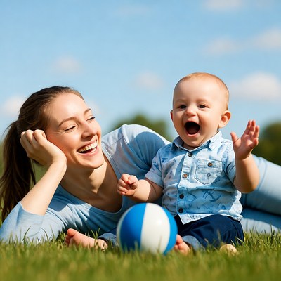 Mother and baby playing with ball on grass