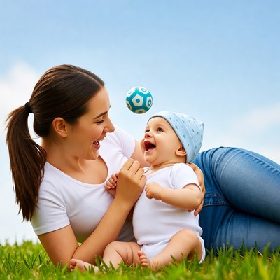 Mother playing with baby on grass