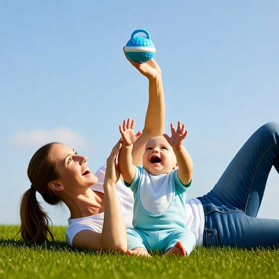 Mother playing with baby on grass