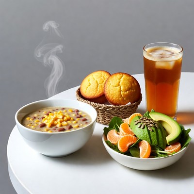 Corn Chowder Soup with Muffins and Salad