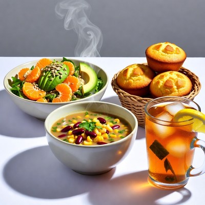Avocado Salad, Bean Soup, Muffins, Iced Tea