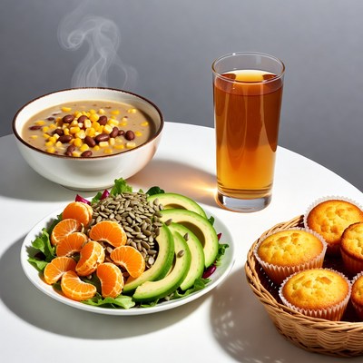 Healthy meal with soup salad muffins