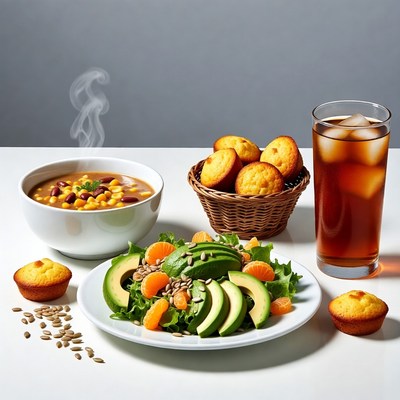 Soup, Avocado Salad, Cornbread, Iced Tea