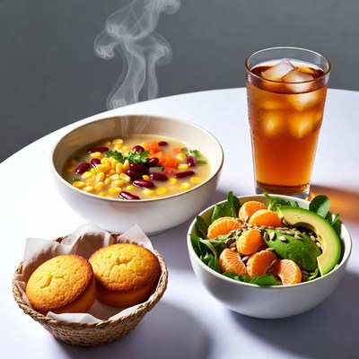Steaming Bean Soup with Cornbread and Salad