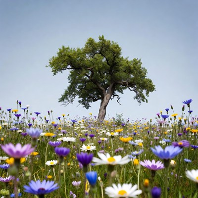 Lone Tree in Wildflower Field