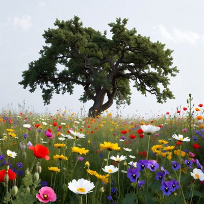 Large Oak Tree in Wildflower Meadow