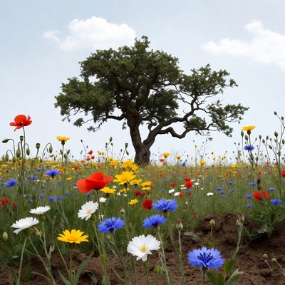 Oak Tree in Wildflower Field