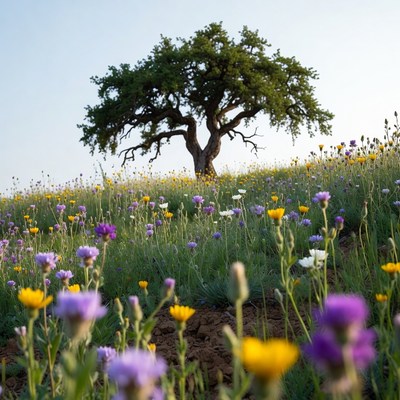 Lone Oak Tree in Wildflower Field
