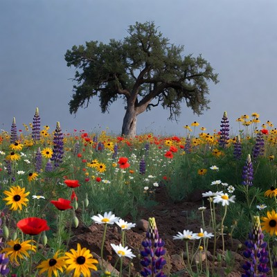 Lone Oak Tree in Wildflower Field