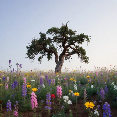 Lone Oak Tree in Wildflower Meadow