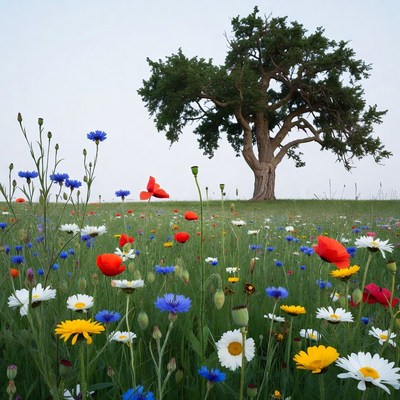 Wildflower Meadow with Lone Tree