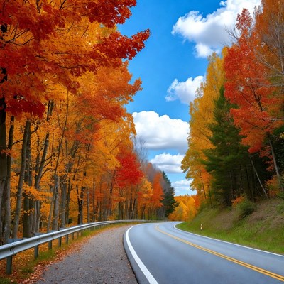 Autumn Road Through Orange Maple Trees