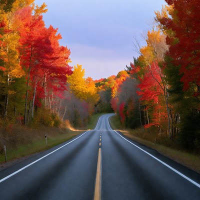Autumn Road Through Red Trees