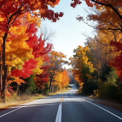 Autumn Road Through Red Maple Trees