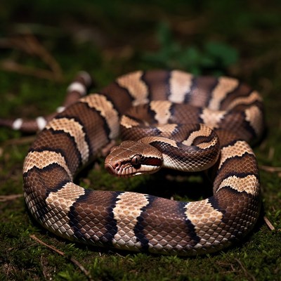 Coiled Milk Snake on Forest Floor