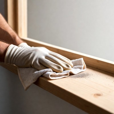 Man cleaning window sill with rag