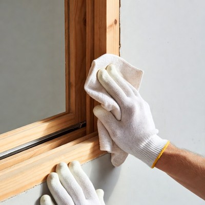 Man cleaning window frame with cloth