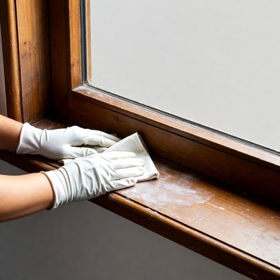 Woman cleaning window sill with rag