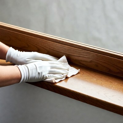 Woman cleaning wooden windowsill with rag