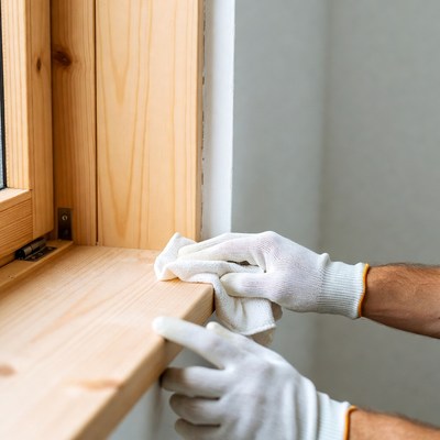 Man cleaning wooden window sill