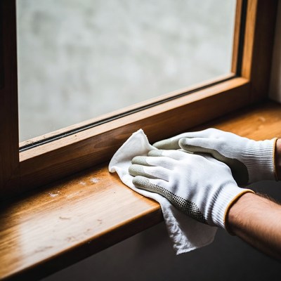 Man cleaning window with rag