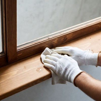 Man cleaning window sill with cloth