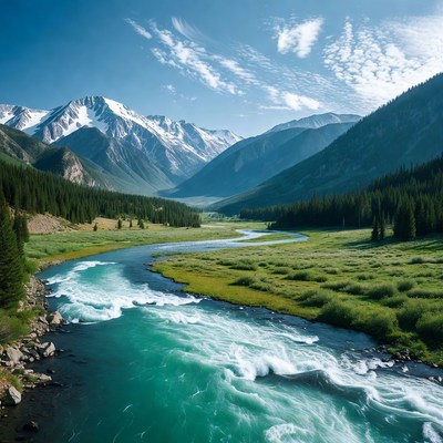 Mountain River Flowing Through Valley