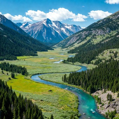 River winding through snowy mountain valley