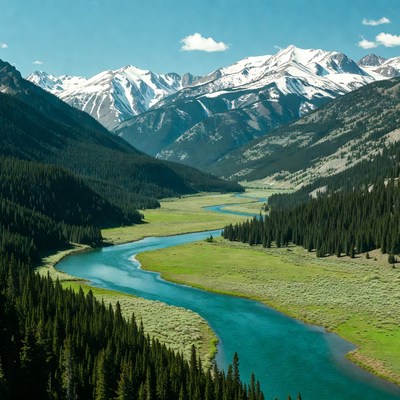 River winding through snowy mountains