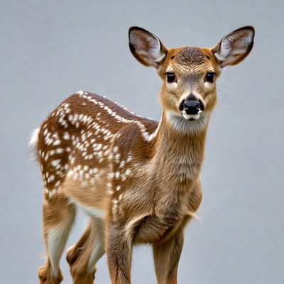 Baby fawn standing on gray background