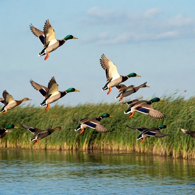 Flock of Mallard Ducks Flying