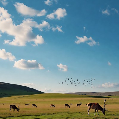 Herd of deer grazing in green field