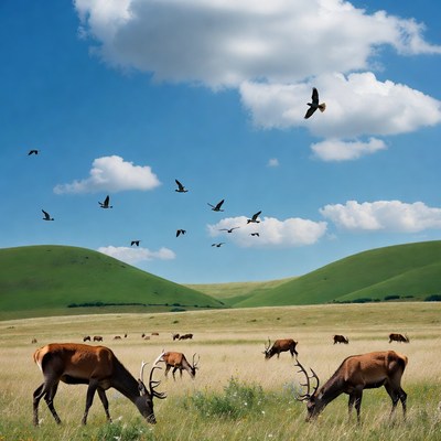 Red deer grazing in green meadow