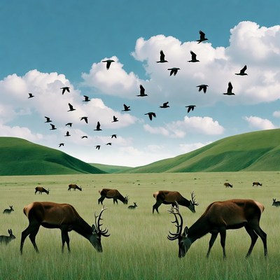 Red deer herd grazing with flying birds