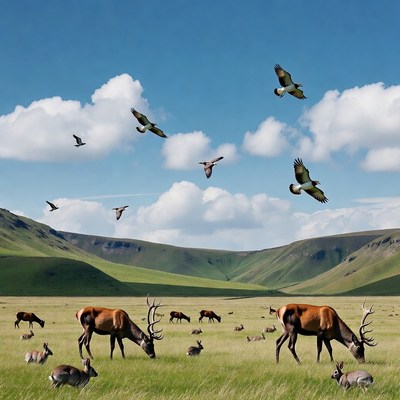 Red deer herd grazing with birds