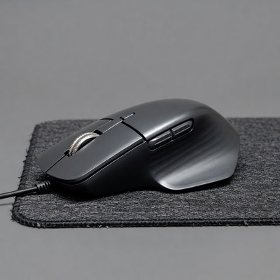 Black gaming mouse on gray mousepad