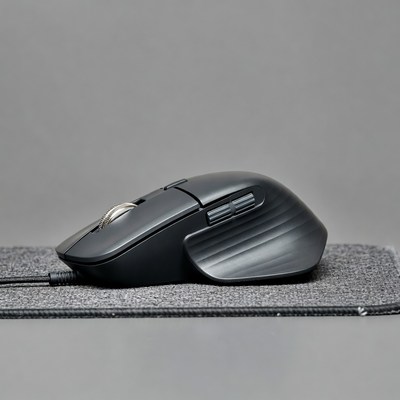 Black gaming mouse on gray mousepad