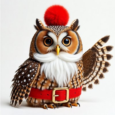 Owl wearing Santa hat and belt