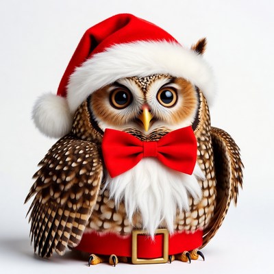 Owl wearing Santa hat and bowtie